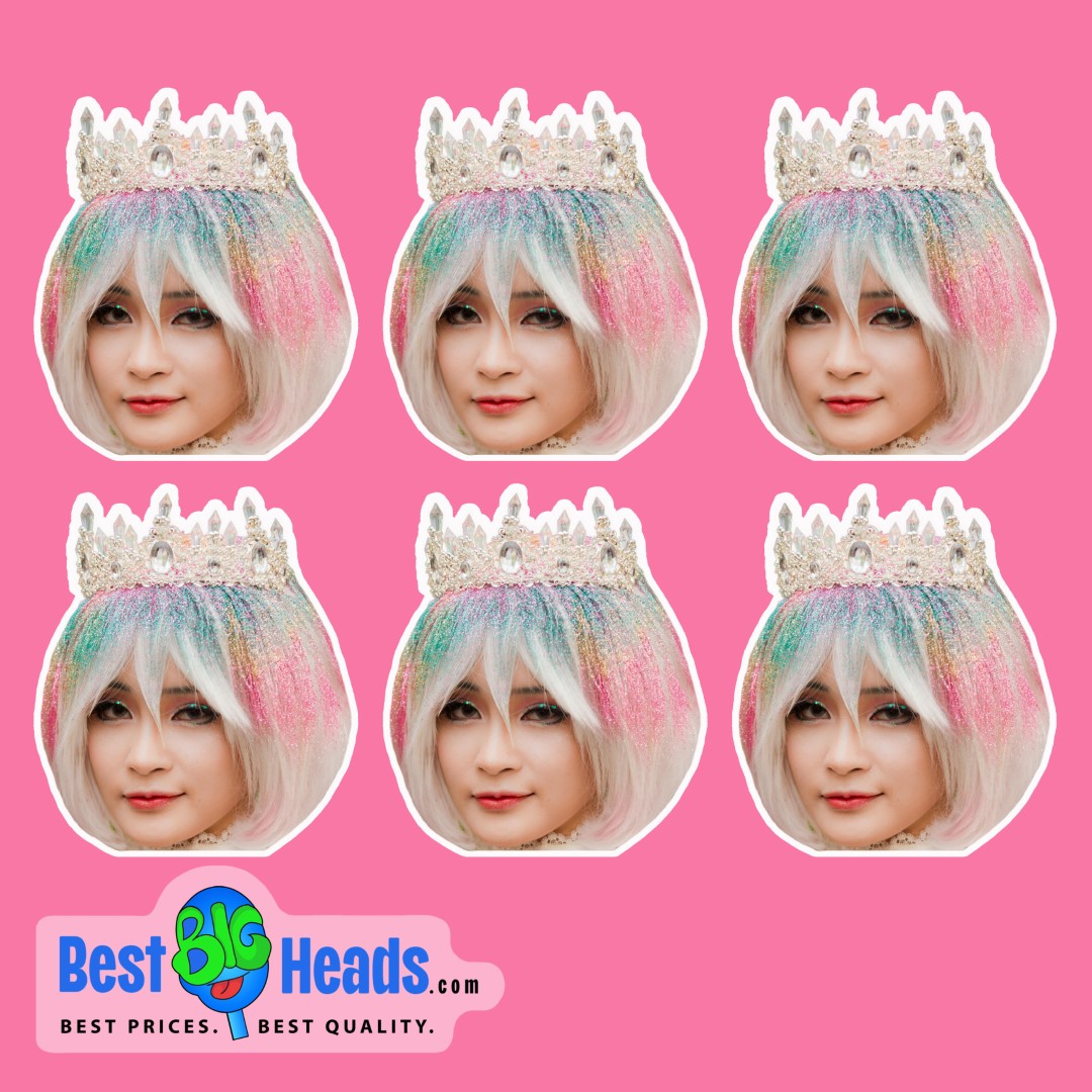 Woman with rainbow glitter hair and a jeweled crown on six cutout stickers against a pink background.