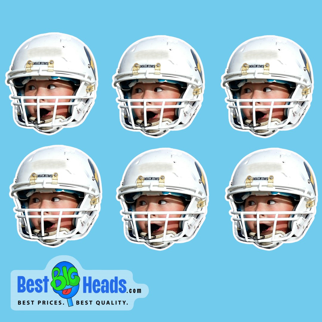 Child wearing a large white football helmet on six cutout stickers against a blue background.